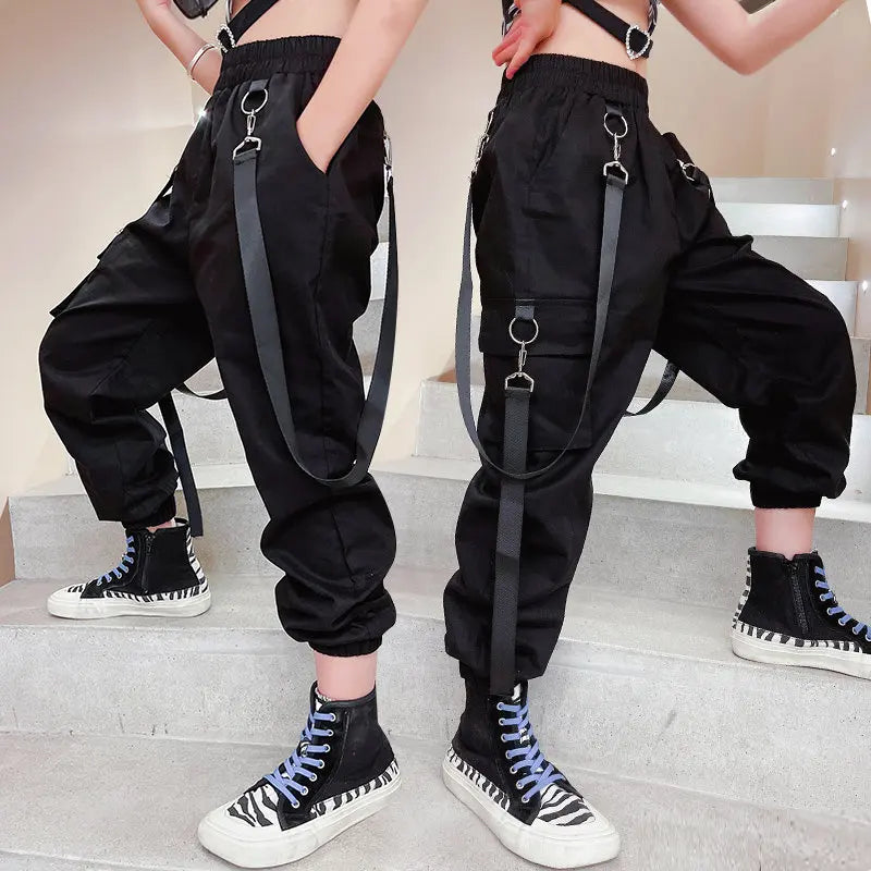 Pantalones Cargo negros para chicas adolescentes, ropa de calle de verano, pantalones deportivos de Hip Hop con cadena para niñas de 6, 8, 10, 12 y 14 años