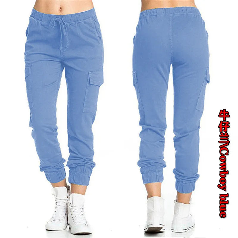 Pantalones Cargo lisos para mujer, pantalón deportivo con cintura elástica y cordón multibolsillo, ropa de calle informal, novedad de 2022.