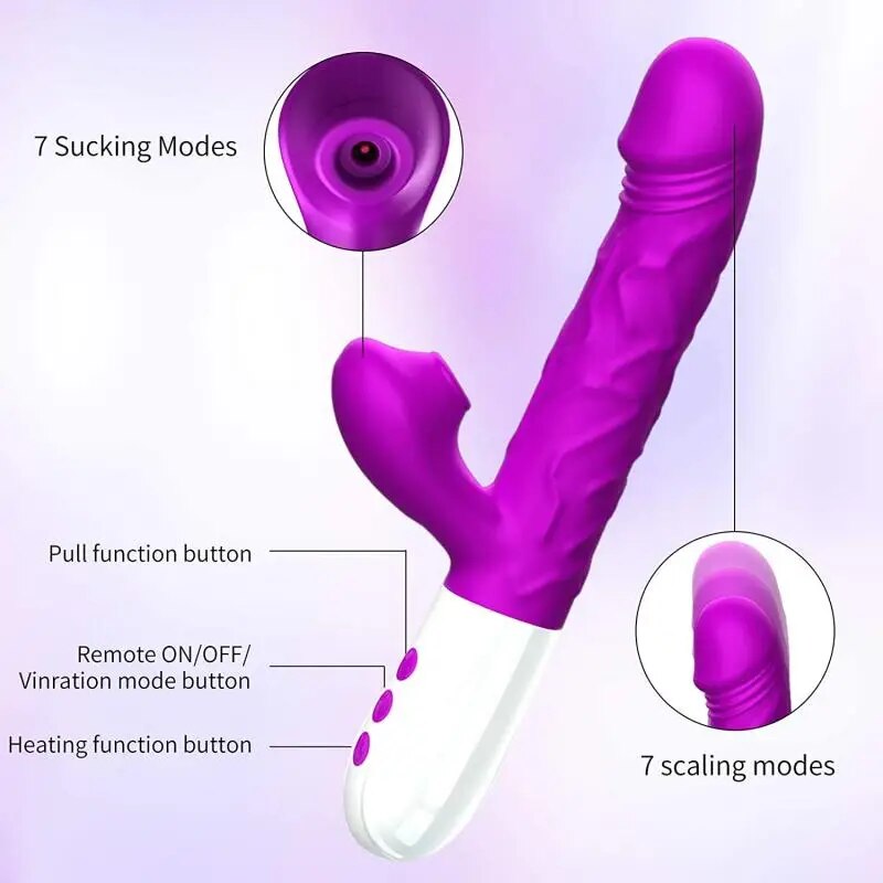 Vibrador de conejo para chupar clítoris y punto G, consolador giratorio telescópico, estimulador de Vagina con calefacción, Juguetes sexuales para adultos para mujer