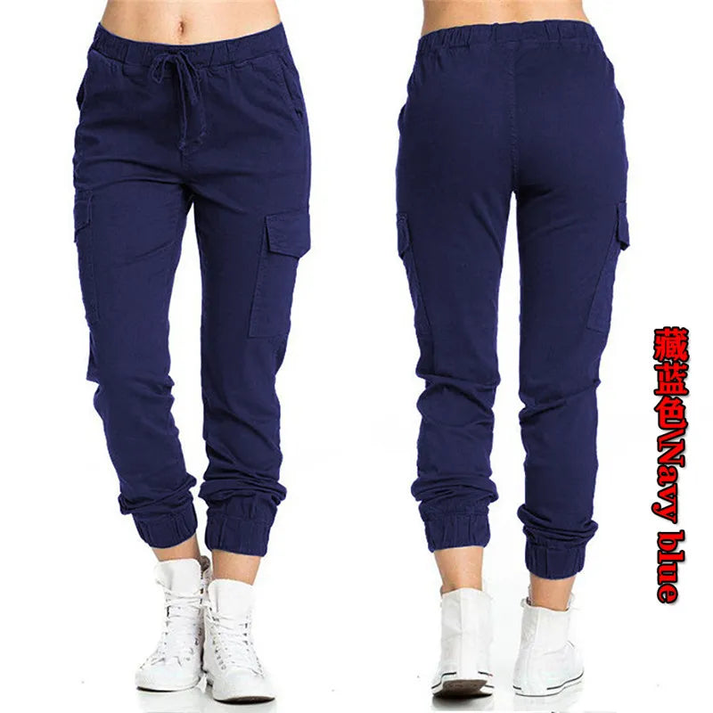 Pantalones Cargo lisos para mujer, pantalón deportivo con cintura elástica y cordón multibolsillo, ropa de calle informal, novedad de 2022.