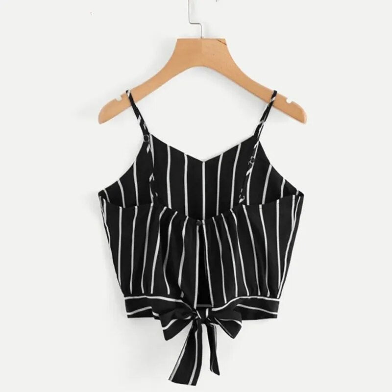 Camisola corta a rayas con lazo en la espalda para mujer, Top informal con tirantes finos y lazo, chaleco recortado para playa con nudo, camisola