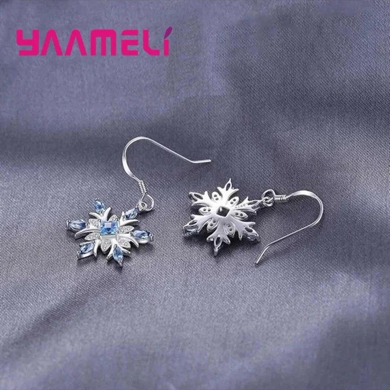 Pendientes de gancho de cristal Natural de OCéANO AZUL para mujer, colgante de copo de nieve de Plata de Ley 925, Pendientes colgantes de Navidad