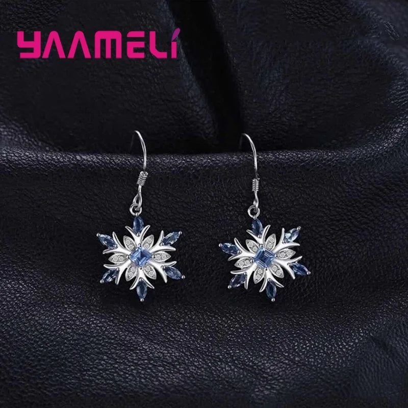 Pendientes de gancho de cristal Natural de OCéANO AZUL para mujer, colgante de copo de nieve de Plata de Ley 925, Pendientes colgantes de Navidad