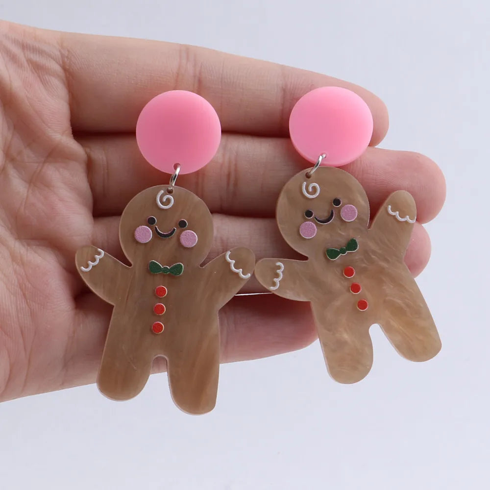 Nuevos pendientes colgantes acrílicos bonitos de muñeco de jengibre para mujeres y niñas, pendientes largos divertidos, regalos de Navidad, joyería para fiesta