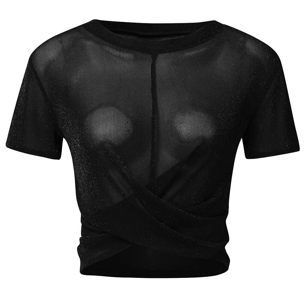 Camiseta Sexy  brillo con perspectiva de malla para mujer, camiseta de manga corta con cuello redondo, jersey con transparencias, Camiseta corta ajustada lisa, ropa para mujer nueva