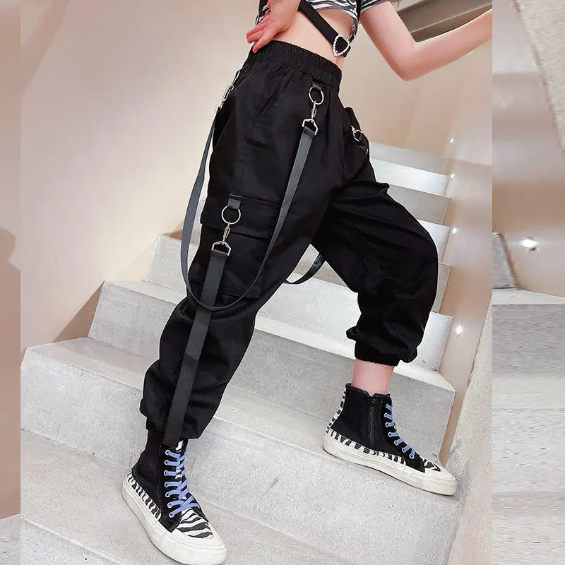 Pantalones Cargo negros para chicas adolescentes, ropa de calle de verano, pantalones deportivos de Hip Hop con cadena para niñas de 6, 8, 10, 12 y 14 años