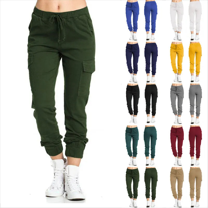 Pantalones Cargo lisos para mujer, pantalón deportivo con cintura elástica y cordón multibolsillo, ropa de calle informal, novedad de 2022.