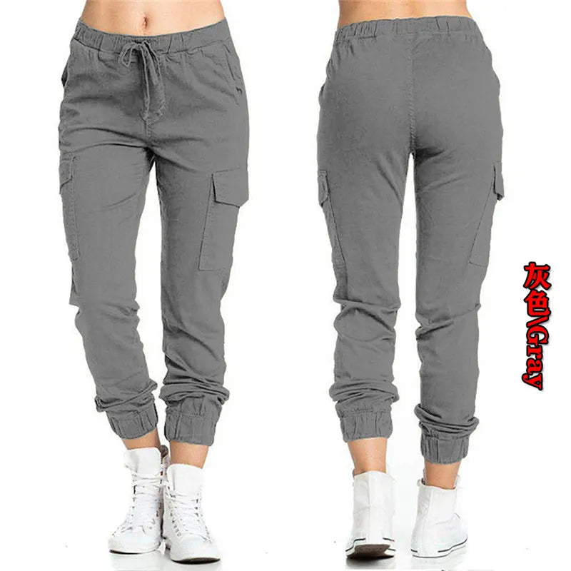 Pantalones Cargo lisos para mujer, pantalón deportivo con cintura elástica y cordón multibolsillo, ropa de calle informal, novedad de 2022.