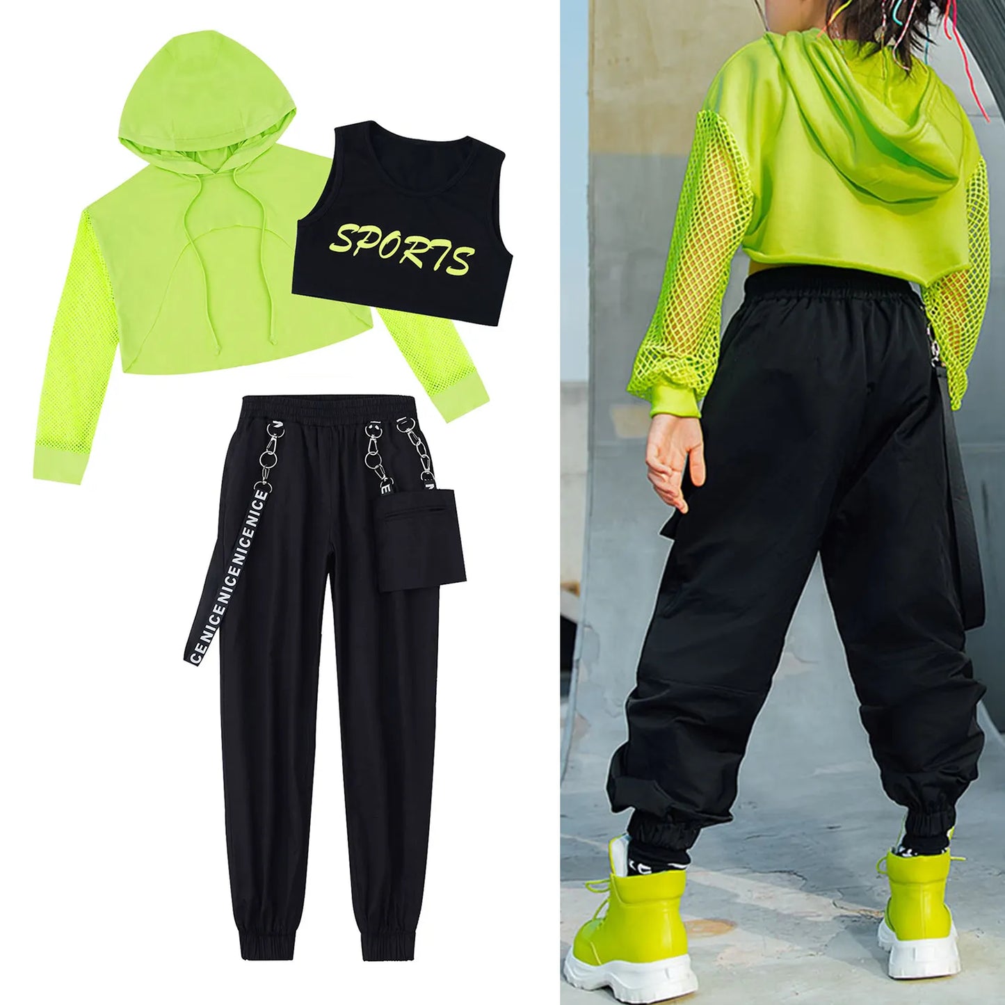 Ropa de baile callejero Hip-Hop para niñas, chaleco, Tops, pantalones de chándal Cargo, cubierta de red, ropa de calle moderna para adolescentes de 4 a 16 años