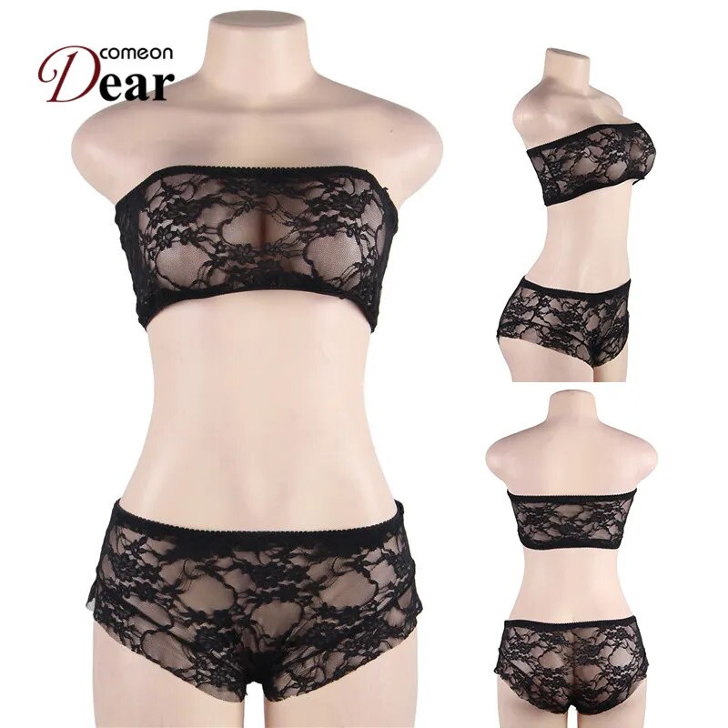 Comeondear Conjunto de Sujetador de encaje sin tirantes para mujer, conjunto de lencería erótica de cintura alta, conjuntos elásticos transparentes, sujetador negro + bragas M XL RB80869