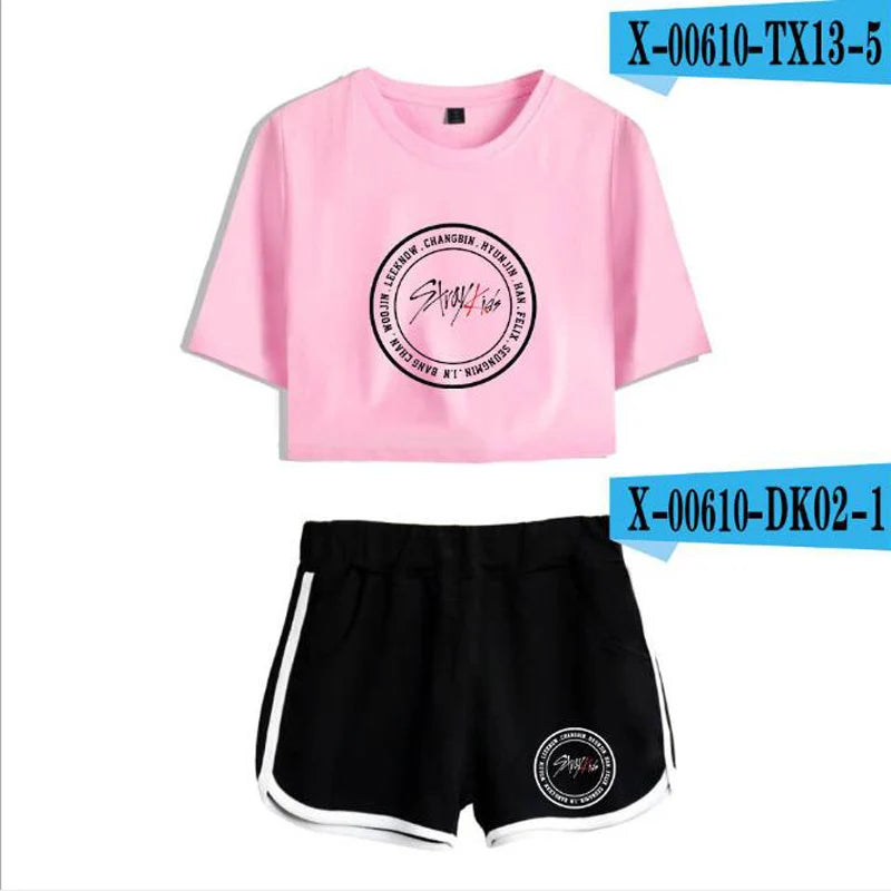 Conjuntos de verano para mujer estilo coreano KPOP Stray Kids Top corto de manga corta + Pantalones cortos, trajes para el sudor, chándales para mujer, traje de dos piezas