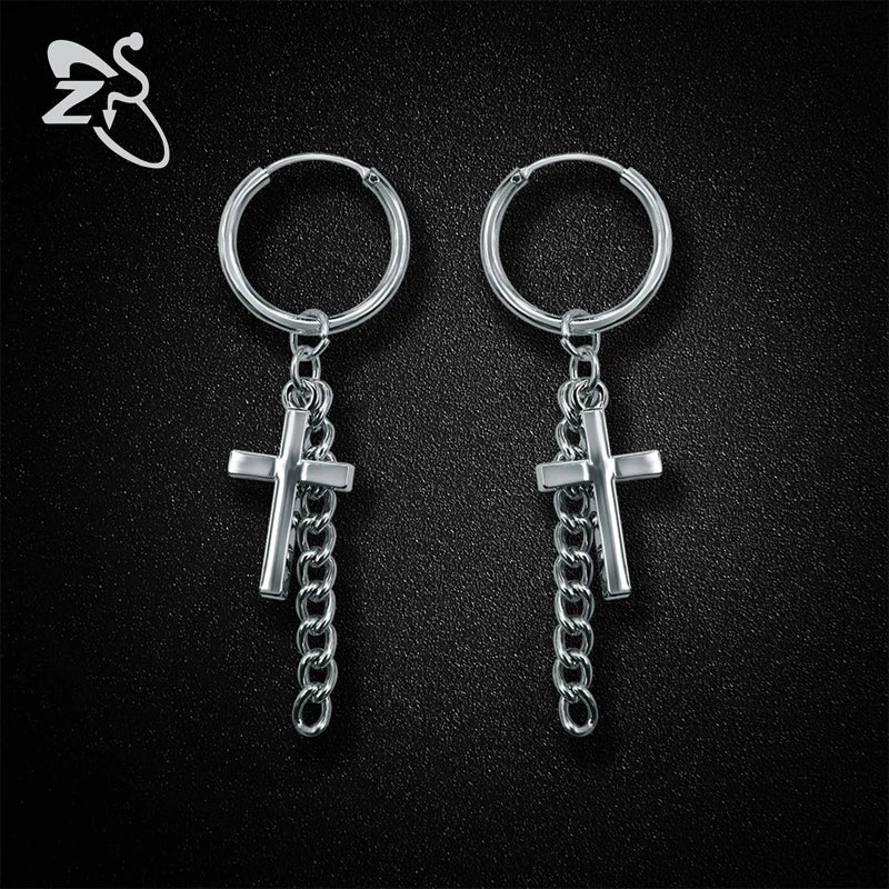 Pendientes de aro ZS Kpop de acero inoxidable sin perforación colgante de oreja para mujeres y hombres pendientes largos redondos de borla círculo Punk Brincos falsos