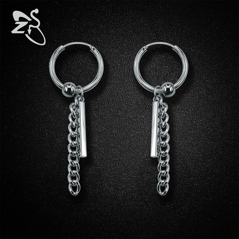 Pendientes de aro ZS Kpop de acero inoxidable sin perforación colgante de oreja para mujeres y hombres pendientes largos redondos de borla círculo Punk Brincos falsos