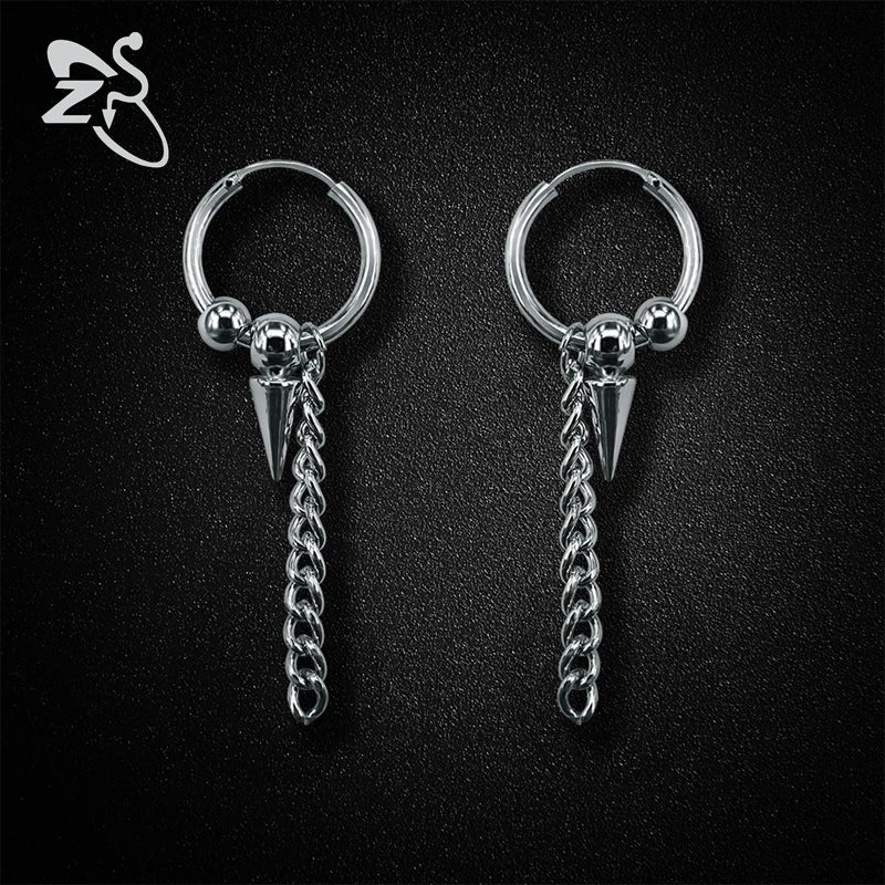 Pendientes de aro ZS Kpop de acero inoxidable sin perforación colgante de oreja para mujeres y hombres pendientes largos redondos de borla círculo Punk Brincos falsos