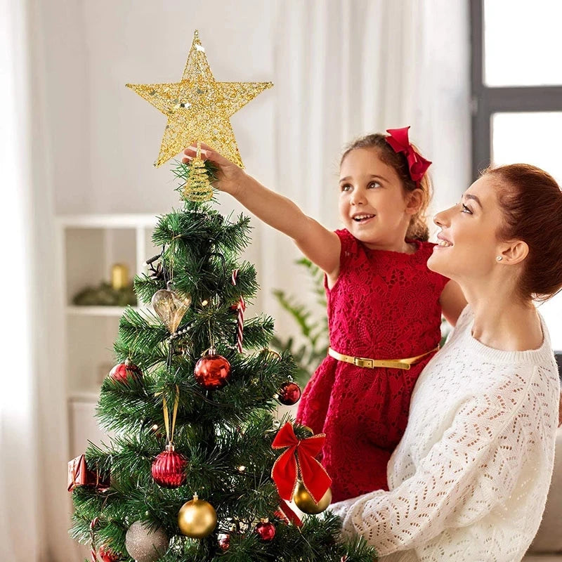 Adornos navideños para el hogar con estrella de hierro, parte superior del árbol de Navidad con purpurina dorada, Adornos de árbol de Navidad, Navidad, Año Nuevo 2023