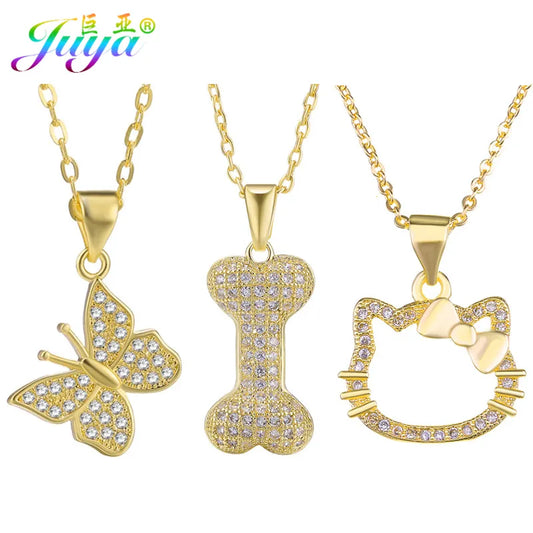 Juya, suministros de joyería de moda hechos a mano, Micro pavé de circón, mariposa, gato, collar con colgante de perro para mujer, regalo de cumpleaños y Navidad