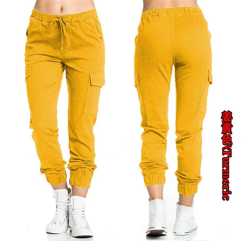 Pantalones Cargo lisos para mujer, pantalón deportivo con cintura elástica y cordón multibolsillo, ropa de calle informal, novedad de 2022.