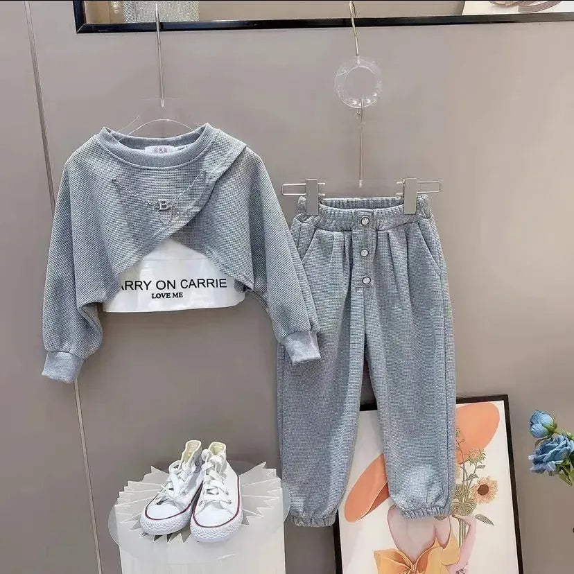 Primavera otoño niñas  liso Waffle Crop sudadera + pantalón de chándal + camisetas del alfabeto conjuntos niños chándal niño 3 uds traje 1-12 años