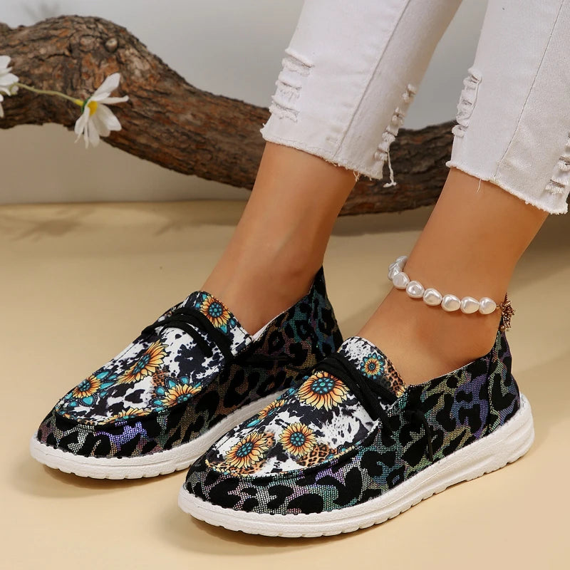 Zapatos de lona planos de las mujeres Casual girasol , mocasines bajos cómodos zapatillas de deporte cómodos zapatos sin cordones al aire libre