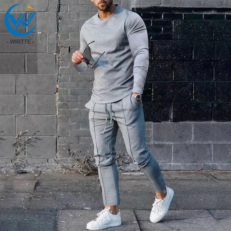 Chándal informal para hombre, camiseta de manga larga con cuello redondo y pantalones, conjuntos de dos piezas, traje deportivo de Color sólido, primavera y otoño, novedad de 2023