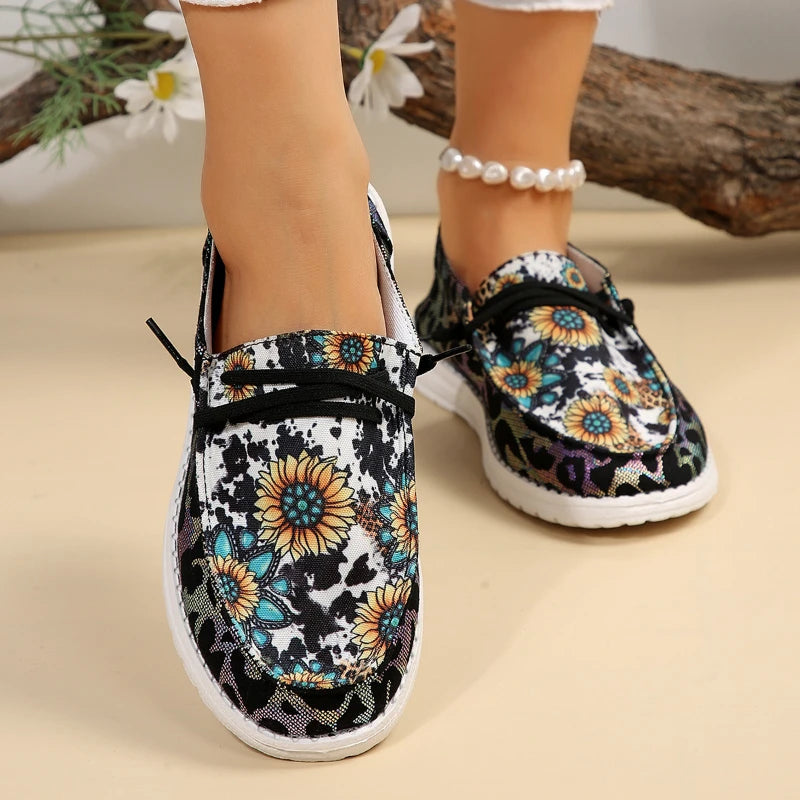 Zapatos de lona planos de las mujeres Casual girasol , mocasines bajos cómodos zapatillas de deporte cómodos zapatos sin cordones al aire libre