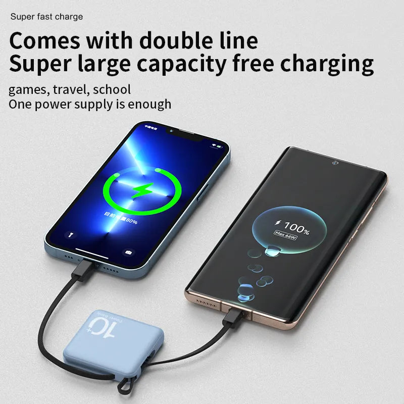 Mini banco de energía de 10000mAh, batería externa portátil con Cable incorporado, baterías de repuesto para iPhone 14, Samsung y Xiaomi