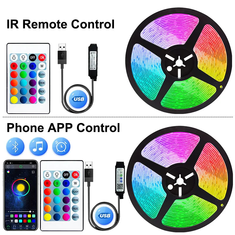 Tira de luces Led USB RGB 5050 2835, luz LED con Bluetooth recortable  y adesiva con control por aplicación o mando , cinta de lámpara Flexible, cinta de diodo, Luces de fondo para TV, decoración de habitación