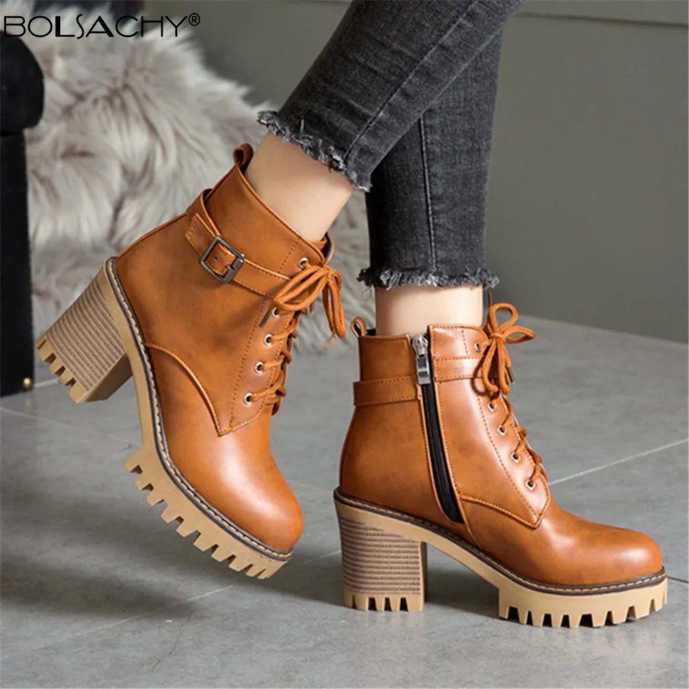 Botas de tacón alto con cordones talla pequeña para Mujer, botines con hebilla y plataforma de cuero Artificial, novedad de invierno de 2023