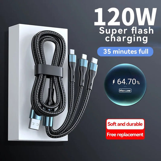 Cable de carga rápida USB 3 en 1 de 120W para iPhone Realme Samsung Huawei P50, Cable Micro USB tipo C, Cable de datos USB C 5A