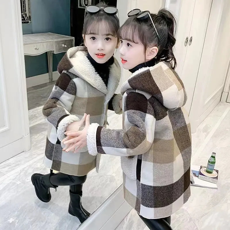 Otoño Invierno 2023, chaquetas informales para niñas, prendas de vestir exteriores con capucha, abrigo largo de lana a la moda, ropa para niños, prendas de vestir exteriores bonitas para niñas