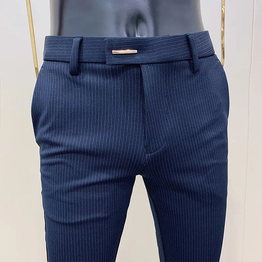 Nuevos pantalones de traje a rayas 2023, pantalones elegantes de corte ceñido para oficina para hombre, pantalones para hombre, pantalones de negocios ajustados, pantalones tobilleros