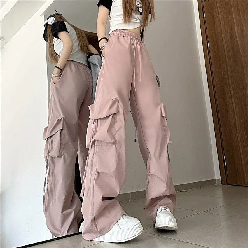 Y2K-pantalones Cargo para mujer, pantalones de pierna ancha con cordón y bolsillos lisos Harajuku, ropa de calle, pantalones de chándal holgados de tecnología Hip Hop