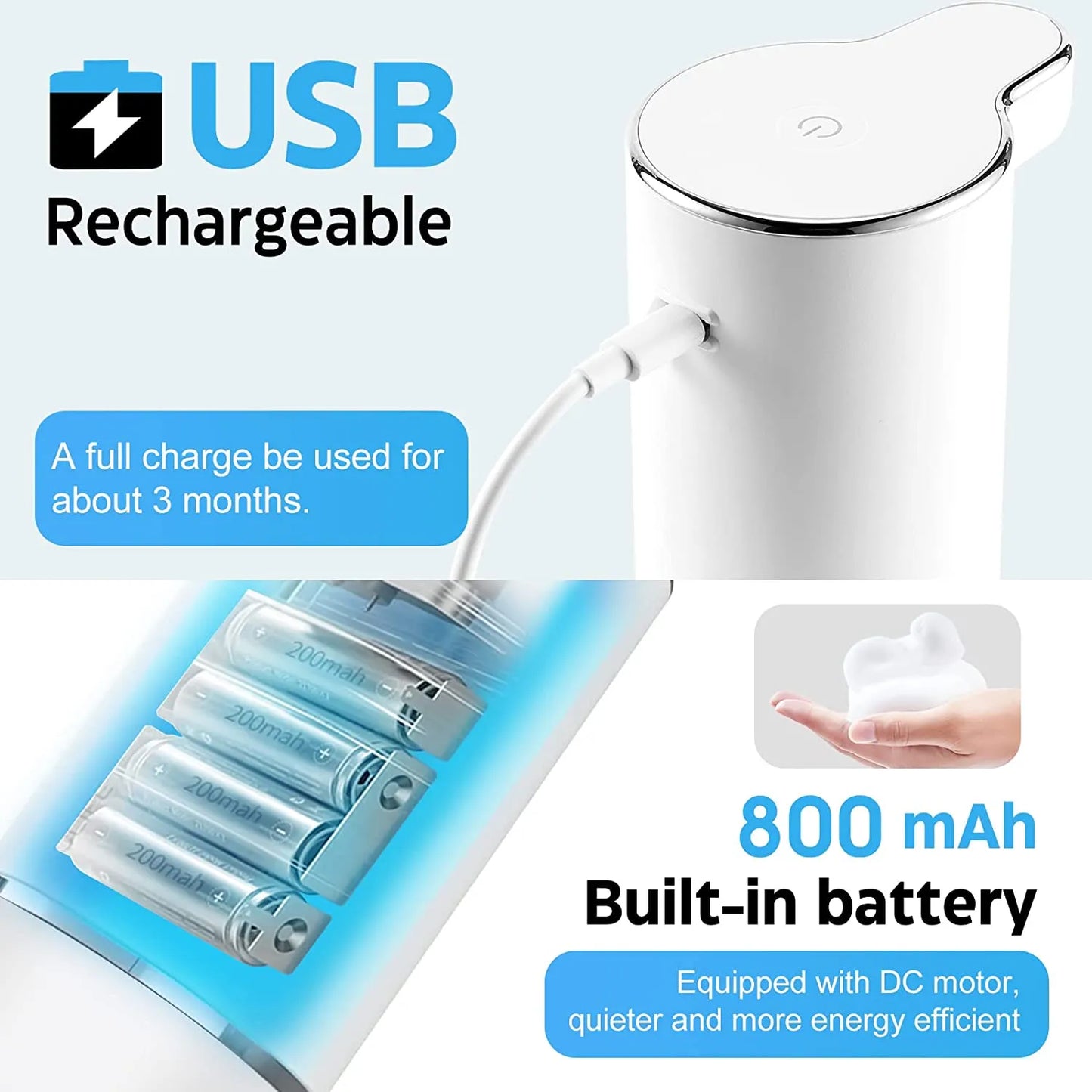 Dispensador de jabón Dispensador automático de jabón de espuma Dispensador de jabón líquido inteligente recargable por USB Bomba de jabón para encimera de baño para niños