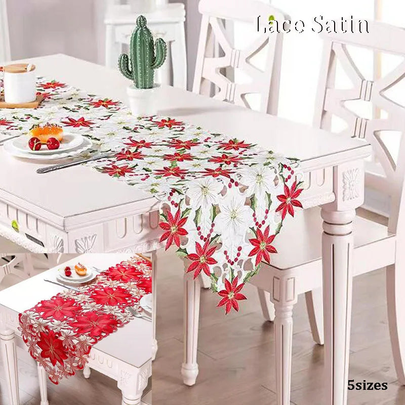 Popular satén bordado Navidad Poinsettia flor cama camino de mesa bandera cubierta mantel de café fiesta Año nuevo decoración del hogar