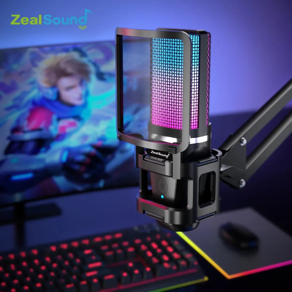 Micrófono de grabación Zealsound RGB con brazo articulado/micrófono condensador USB con trípode para videojuegos, Podcasting, Streaming, Youtube