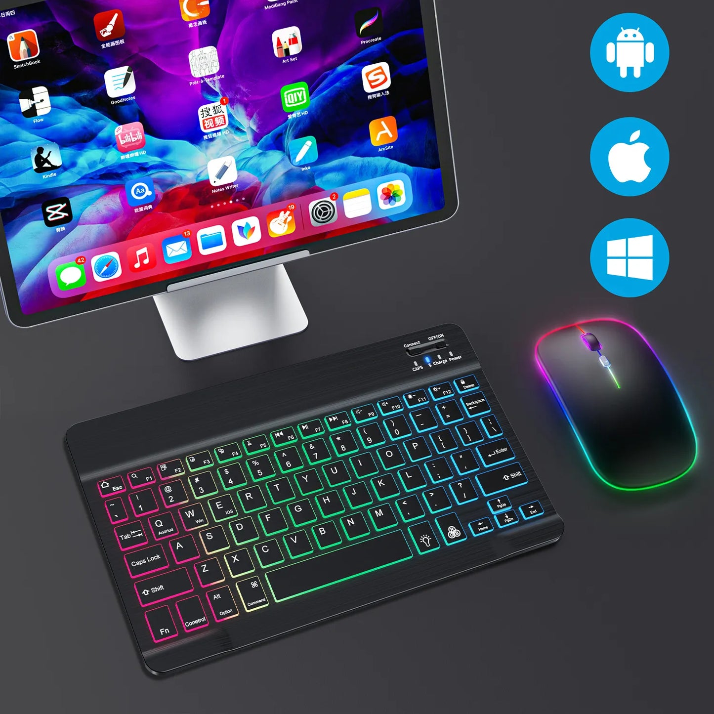 El teclado Bluetooth y ratón , retroiluminados recargables rusos  y españoles para el teléfono ,de la tableta , Ipad