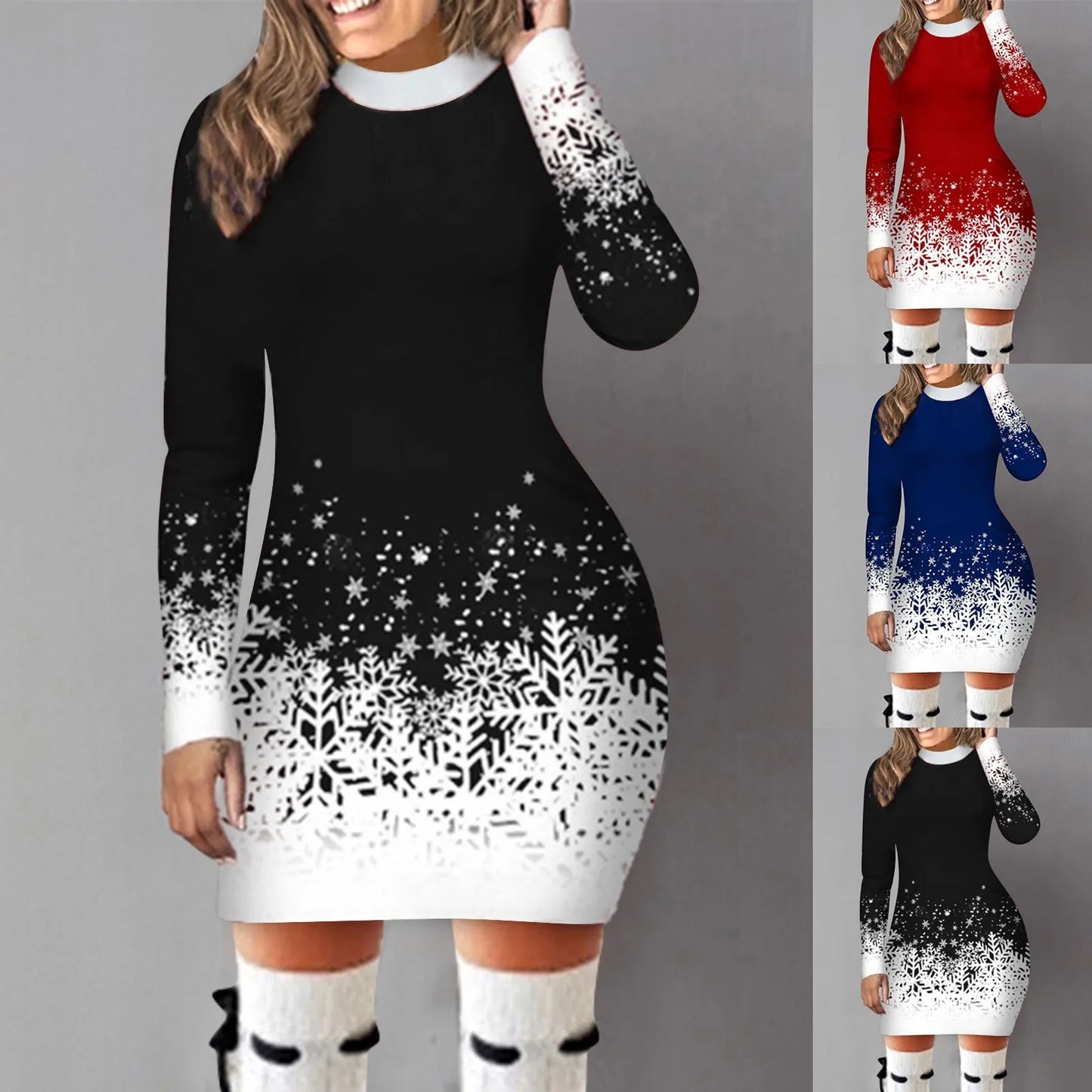 Vestido De Manga Larga Formal Redondo Copo De Nieve Cuello Impreso Navidad Manga Larga Fiesta Mujer Vestido Túnica De Manga Larga