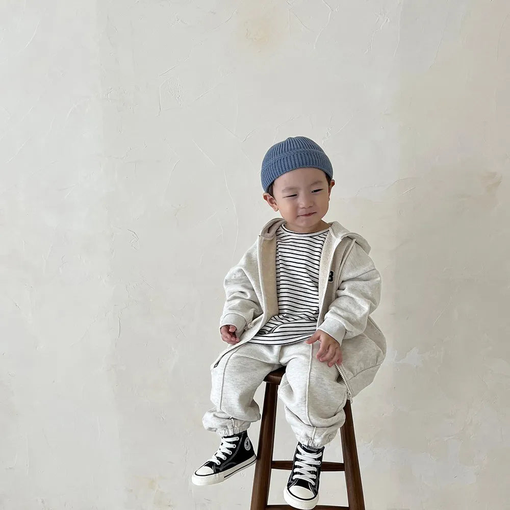 Conjunto de bebé coreano para niños, chaqueta de entrenamiento para bebés, Sudadera con capucha y pantalón de chándal elástico, chándal con capucha y cremallera completa para niños de 06 meses a 4 años