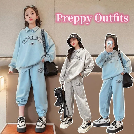 Primavera otoño niñas algodón suelto alfabeto Preppy sudadera + pantalón de chándal conjuntos escuela niñas chándal niña jogging traje 7-16 años