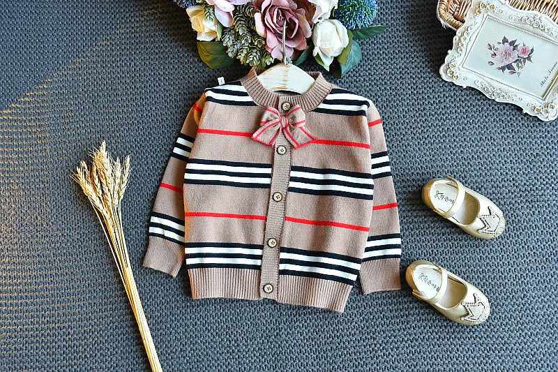 Ropa cálida para niños, trajes de punto para niñas pequeñas, suéter a rayas, cárdigan, Top y falda, pajarita de invierno a la moda, conjuntos de ropa para niñas