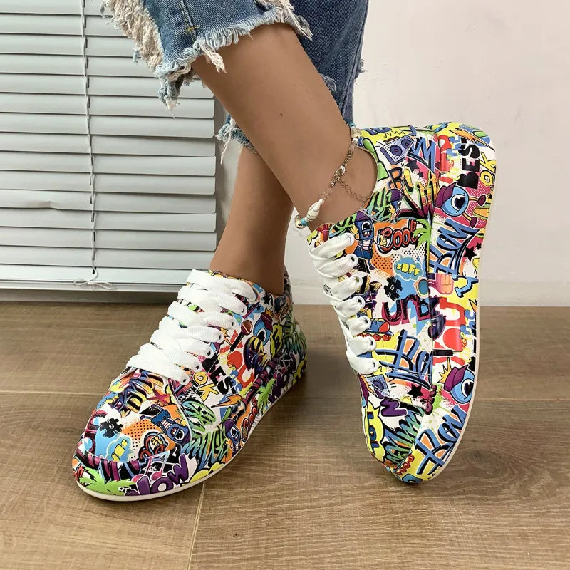 Zapatos deportivos de suela gruesa para mujer, zapatillas blancas con grafiti pintadas a mano, informales para exteriores