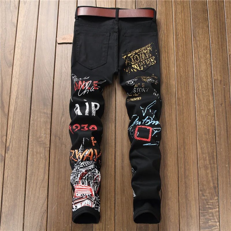 High Street Fashion Jeans para hombre Night Club Color blanco negro Diseñador personal Jeans impresos Hombres Pantalones punk Skinny Hip Hop Jeans