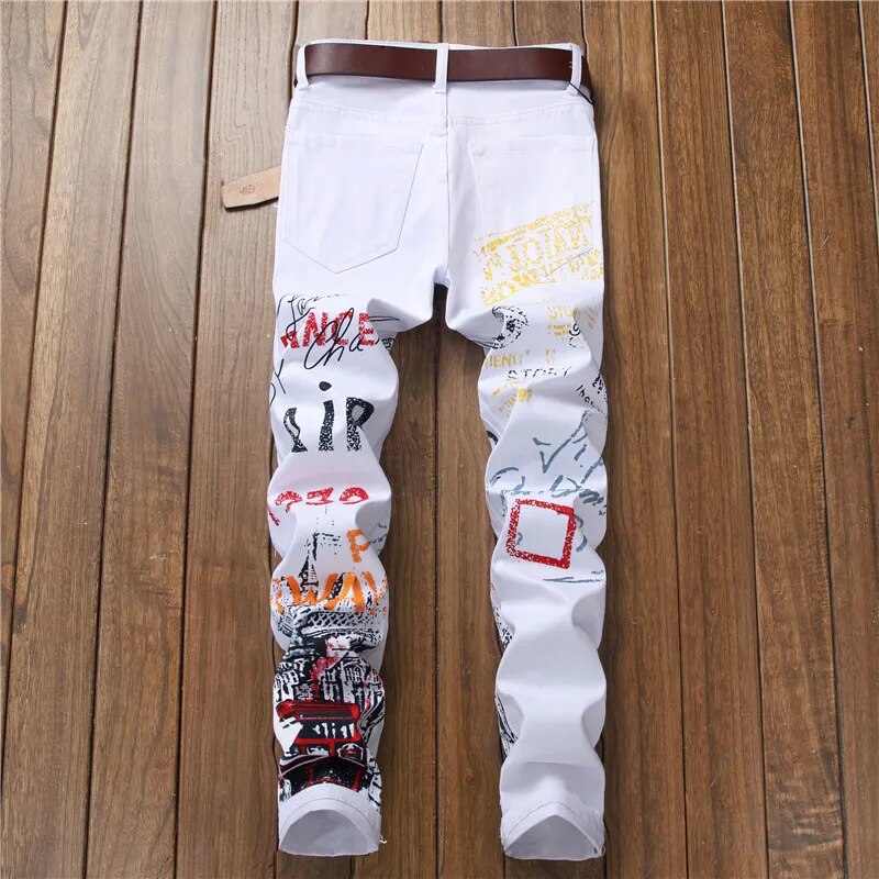 High Street Fashion Jeans para hombre Night Club Color blanco negro Diseñador personal Jeans impresos Hombres Pantalones punk Skinny Hip Hop Jeans