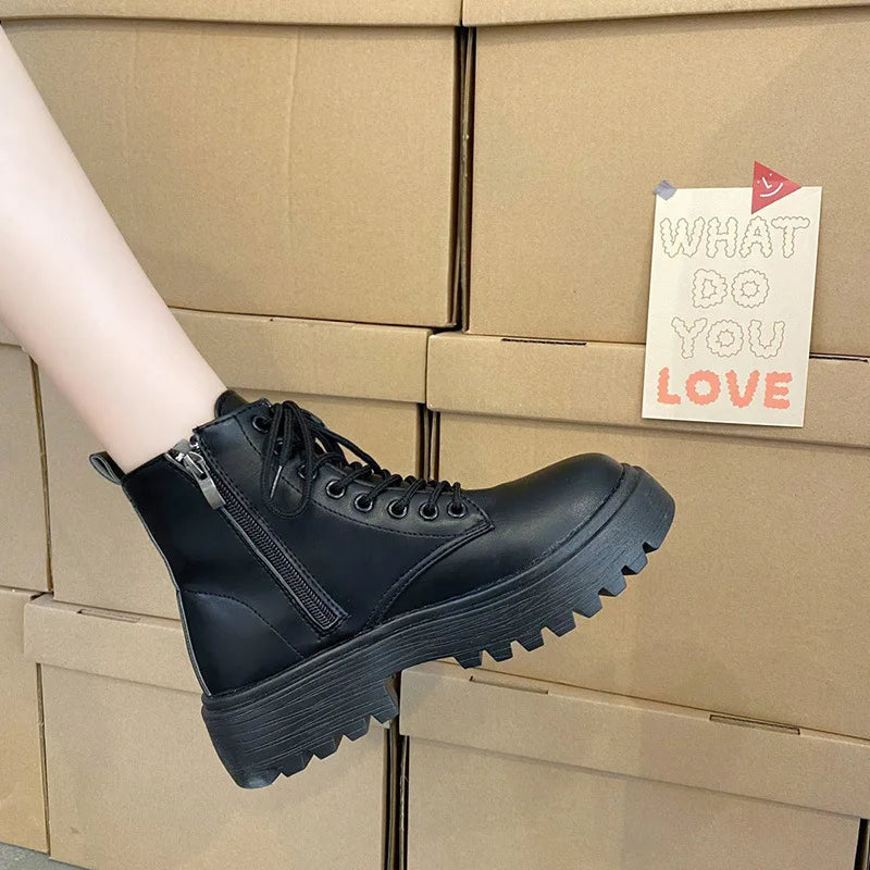 Botas  para Mujer, cuñas para Mujer, plataformas con cordones, zapatos Oxford de cuero negro, Botas para Mujer 2023