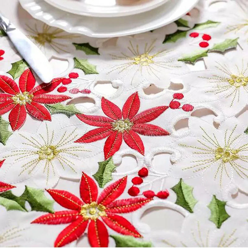 Popular satén bordado Navidad Poinsettia flor cama camino de mesa bandera cubierta mantel de café fiesta Año nuevo decoración del hogar