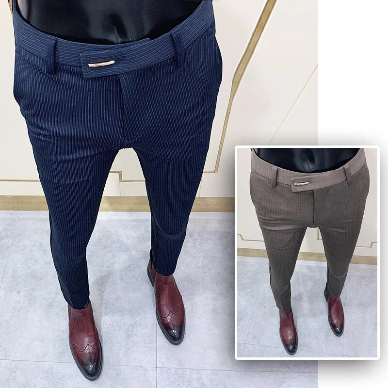 Nuevos pantalones de traje a rayas 2023, pantalones elegantes de corte ceñido para oficina para hombre, pantalones para hombre, pantalones de negocios ajustados, pantalones tobilleros