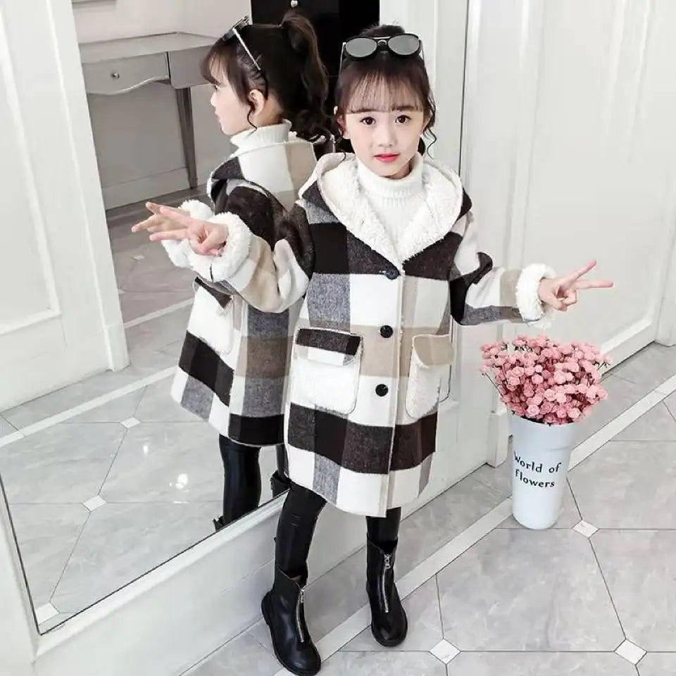 Otoño Invierno 2023, chaquetas informales para niñas, prendas de vestir exteriores con capucha, abrigo largo de lana a la moda, ropa para niños, prendas de vestir exteriores bonitas para niñas