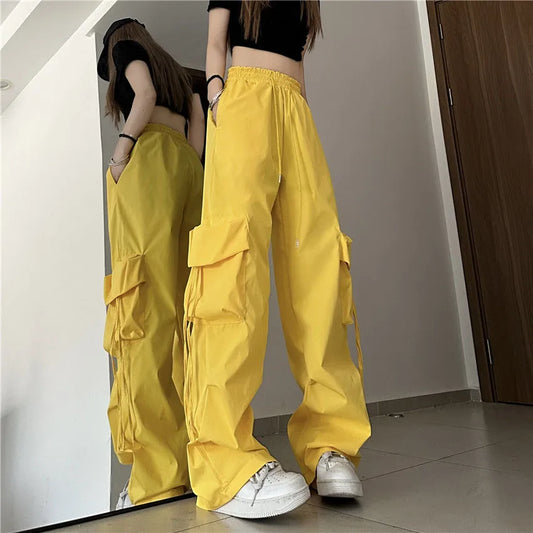 Y2K-pantalones Cargo para mujer, pantalones de pierna ancha con cordón y bolsillos lisos Harajuku, ropa de calle, pantalones de chándal holgados de tecnología Hip Hop