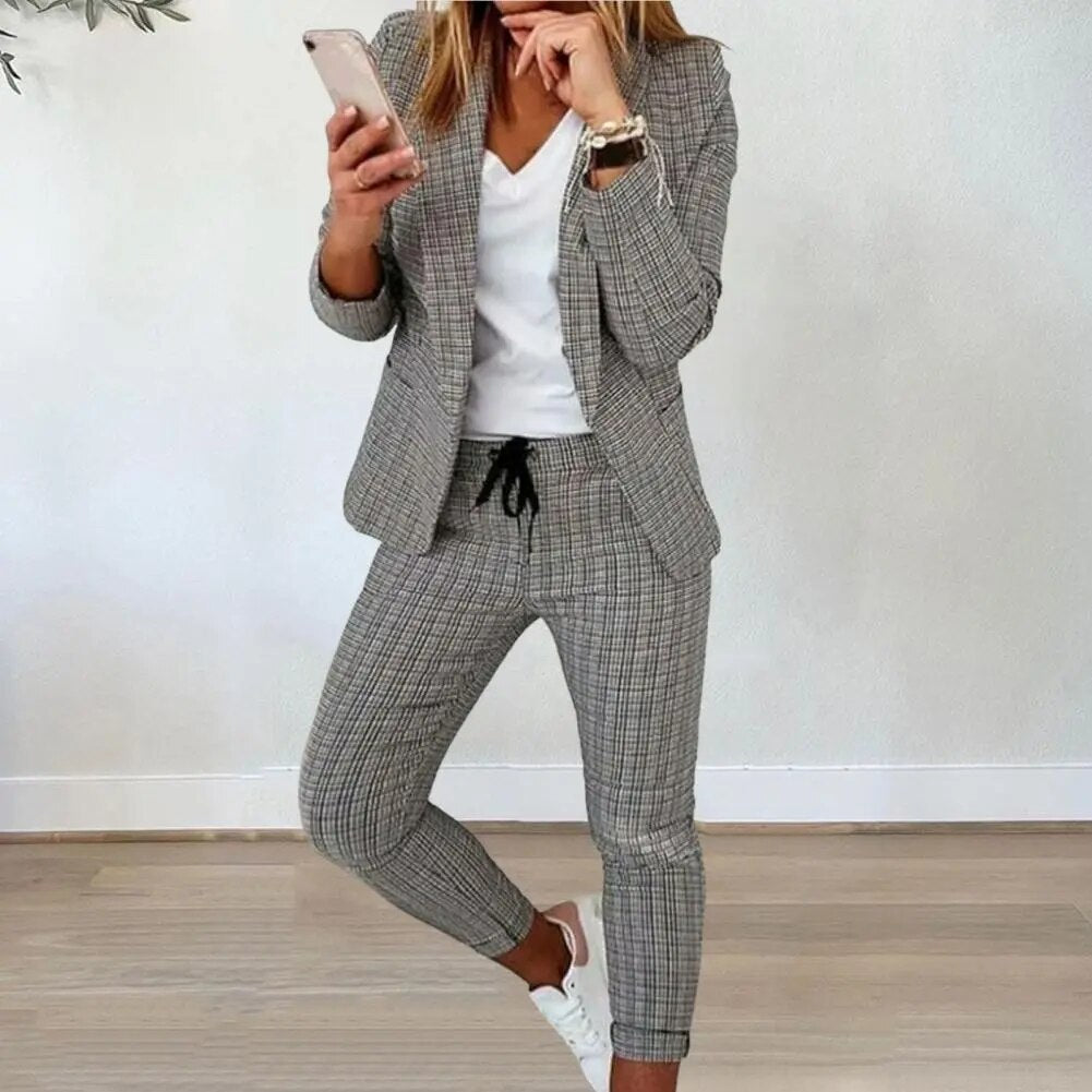 Conjunto de traje de señora ajustado de dos piezas de punto abierto conjunto de pantalones de chaqueta de mujer estilo OL conjunto de pantalones de chaqueta de mujer para viaje de negocios