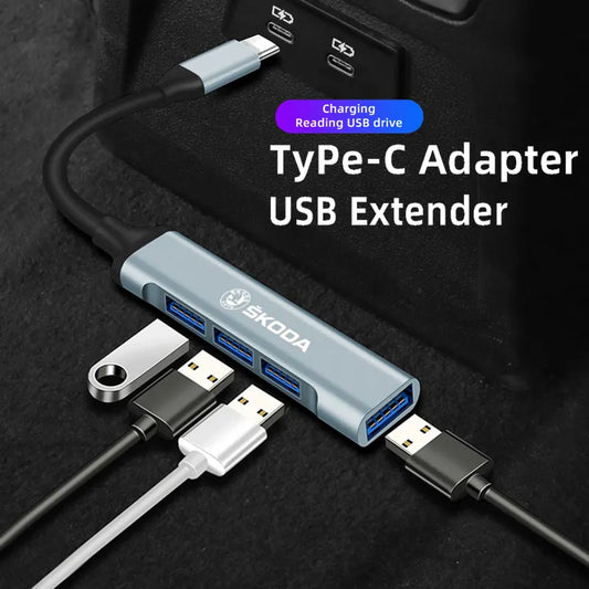 HUB USB de 4 puertos para coche, adaptador multidivisor tipo C de alta velocidad, accesorios para porátil